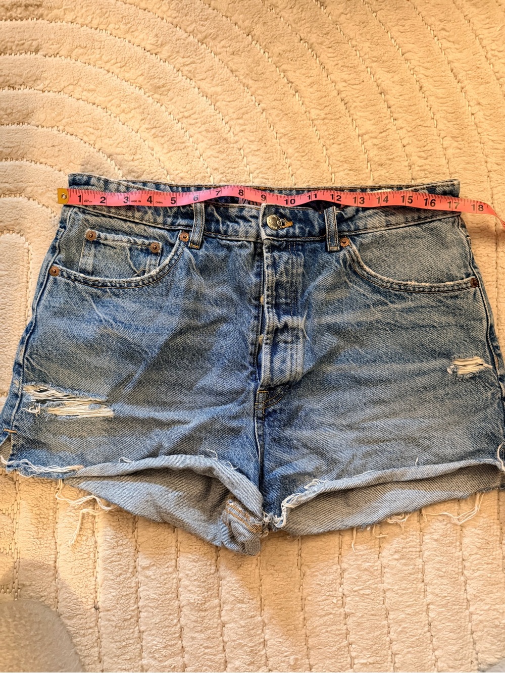 Zara Classic High-Waist Distressed Denim Shorts - Light Blue size 12